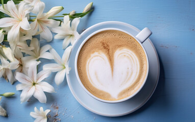 Obraz na płótnie Canvas Cup of cappuccino coffee, lily flower, heart and inscription Good morning on blue wooden background. Concept - morning of newlyw