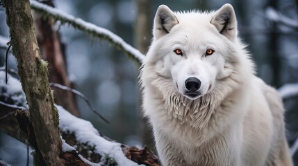 Obraz premium A breathtaking shot of a White Wolf in his natural habitat, showcasing his majestic beauty and strength.