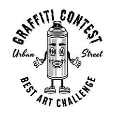 Graffiti contest vector monochrome emblem, badge, label or logo with spray paint can smiling character isolated on white background