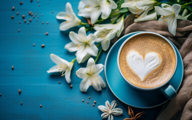 Obraz na płótnie Canvas Cup of cappuccino coffee, lily flower, heart and inscription Good morning on blue wooden background. Concept - morning of newlyw