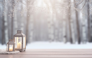Winter snowy stage background with lantern, wooden floors and Ramadan lights on background, banner layout, copy space