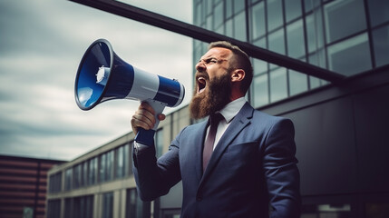 businessman shouting through a megaphone outside in front of office building
 - obrazy, fototapety, plakaty