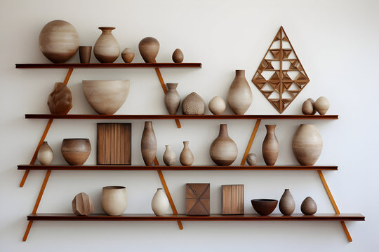 Pottery Elegance on Display Harmoniously Arranged Geometric Designs Gracing a Wooden Wall Rack, Eliciting a Sense of Tranquility in this Still Life Composition. Ample Free Space for Appreciation