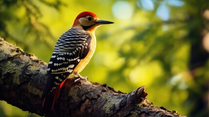 A breathtaking shot of a woodpecker his natural habitat, showcasing his majestic beauty and strength.