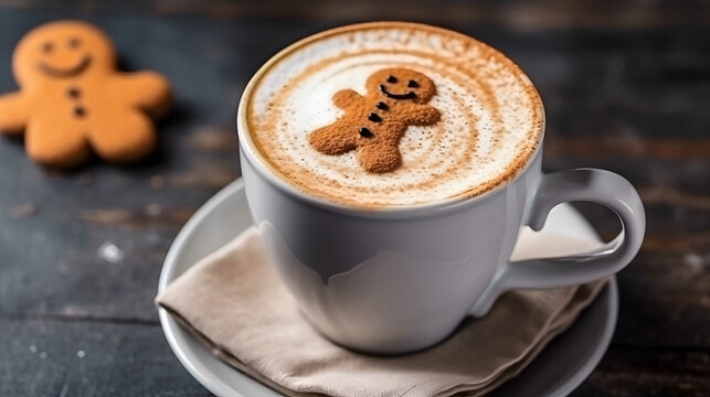 Cup of latte coffee with gingerbread shape art on foam, top view.	