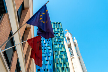 Mix of colored Towers next to the Orthodox Cathedral of the Resurrection of Christ near Skanderbeg...