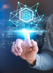 Blockchain technology concept. Hand touching on virtual blockchain, futuristic global networking, data network connect, Internet security. Encrypted block and crypto chain.
