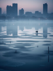 Couple on Frozen Lake with Urban Winter Cityscape Beyond the Mist