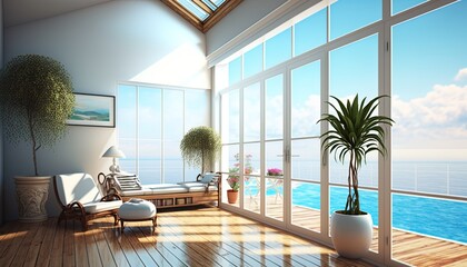 Ai generate Minimal room open door terrace to the wind sofa and sunbed in swimming pool living room at to seaview high Landscape