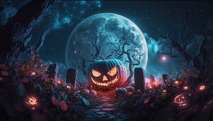 Halloween pumpkin Of garden forest cemetery at night full moon beautiful .Ai generate