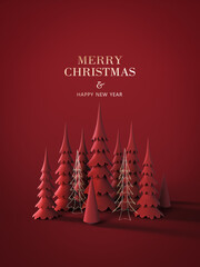 Red paper pine trees on red background with Merry Christmas text. 3D Rendering, 3D Illustration