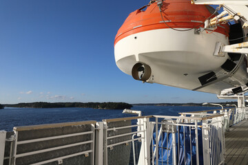 View of the archipelago from the outside promenade deck of the passenger ship.