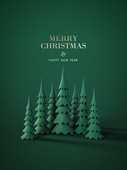 Green paper pine trees on green background with Merry Christmas text. 3D Rendering, 3D Illustration