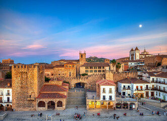 Plaza Mayor of Caceres at sunset, overhead view.