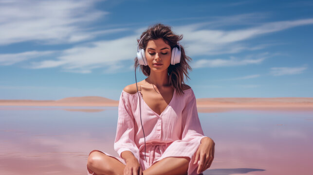 Young woman in pink dress is listening music on beach, AI Generated