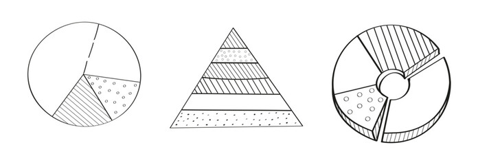 Chart, pyramid graph set vector in doodle style. Approximation, statistics, financial chart.