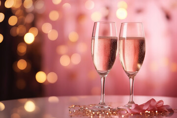 Love and Bubbles: Close-up of Pink Champagne Glasses with Bokeh Lights