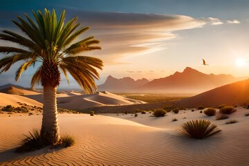 desert oasis in a dry dunes circle with tall palm tree - Powered by Adobe