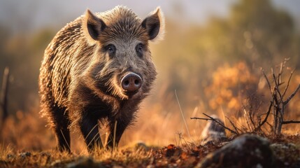 A breathtaking shot of a wild boar his natural habitat, showcasing his majestic beauty and strength.