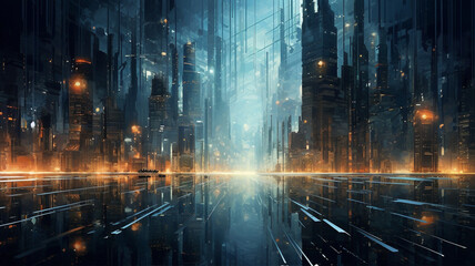 Naklejka premium painting city with genius mind content strange buildings glowing monuments