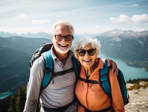 A Photo of a Senior Couple Hiking and Enjoying the Mountain Views