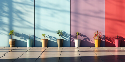 Wunderschöne bunte Außenwand Wand mit Pflanzen im Querformat für Banner, ai generativ