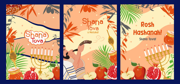 Flat greeting cards collection for rosh hashanah jewish new year celebration