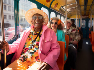 A Photo of Seniors Riding a Colorful Tram in San Francisco