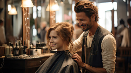 a young pretty woman with long blond hair is sitting in a hairdressing salon and having her hair cut. - Powered by Adobe