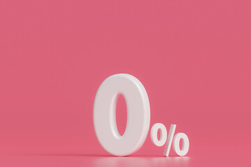 Zero percentage sign and sale discount on pink background.zero percent or 0 % White color isolated on pink background
