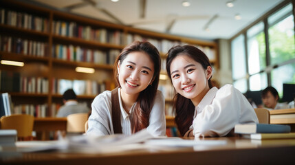 Two student friends sitting in the library getting ready for class