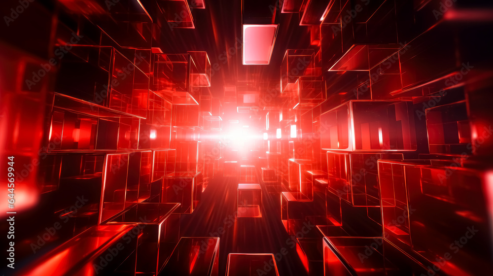 Sticker abstract futuristic background with geometric red cubes and lights coming out of it. geometric shape