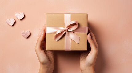 top view on hands holding a wrapped gift with a bow. with copy space template for designers.
