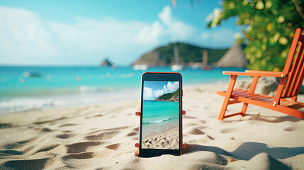 a mobile phone is stuck in the sand of a beach by the sea. break from mobile devices summer vacation concept.