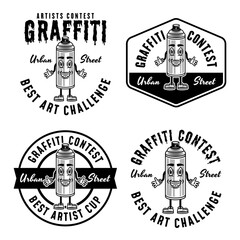 Graffiti contest set of vector monochrome emblems, badges, labels or logos with spray paint can smiling character isolated on white background