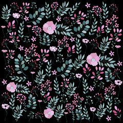 Fondo floral en tonos rosas y lila sobre negro.