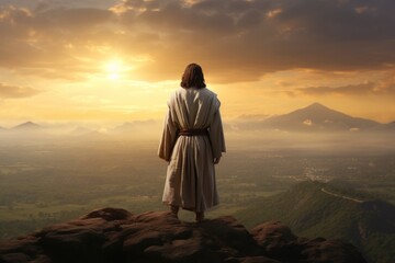 Jesus Christ stands with his back on the mountain and looks at the holy city of Jerusalem. Easter banner generated by AI
