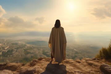 Jesus Christ stands with his back on the mountain and looks at Jerusalem. Religion easter banner generated by AI