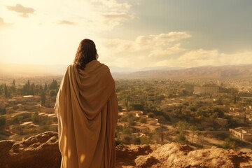 Fototapeta premium Jesus Christ stands with his back on the mountain and looks at Jerusalem. Religion easter banner generated by AI