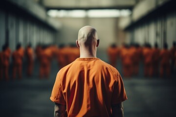 A white man stands with his back in prison. USA penal system banner generated by AI