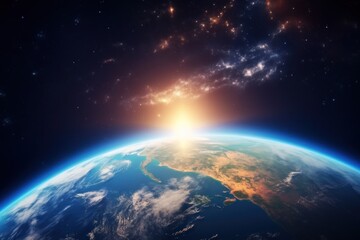Earth in space, beautiful sunrise view. Planet horizon, closeup view from space. Cinematic astronomy banner, generated by AI