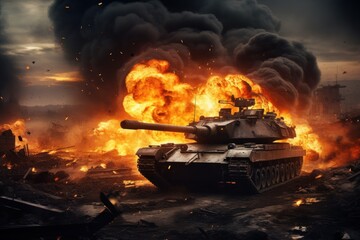 Tank on fire in battle. War action effects. Military game banner, generated by AI