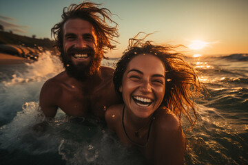 Man and woman surfing at sunset, happiness, love and freedom