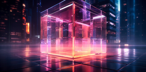 Neon cube background with glowing reflections, puzzle-like elements,  light and space.
