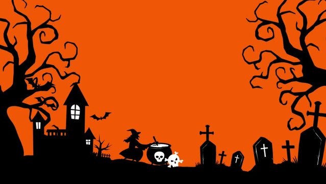 An orange animated Halloween background with a horror tomb theme