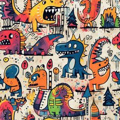 Dinosaur cartoon doodles funky repeat pattern