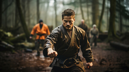 Obraz premium Intensity in motion: Martial artist's focused training. 