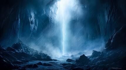 Fantasy Blue landscape. Waterfall on a  dark background, blue light coming out of water, in the style of fantasy illustration, blue fantasy waterfall.