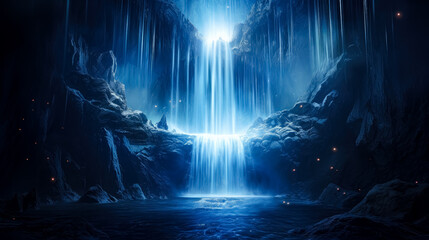 Blue waterfall is coming out from a dark background, blue light coming out of water, in the style of fantasy illustration, blue fantasy waterfall  falling down .