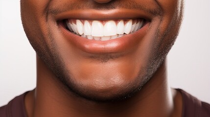 Smiling mouth close-up. Happily smiling African American young man with perfectly white even teeth. Picture on white background.